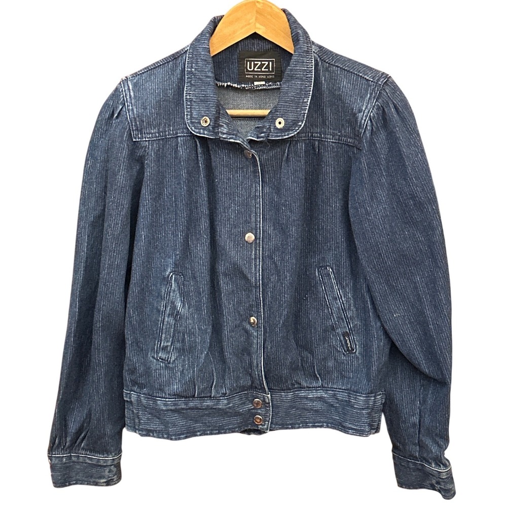 Vintage 90's UZZI Denim Jacket Puff Shoulder Pinstripe Retro Aesthetic Casual